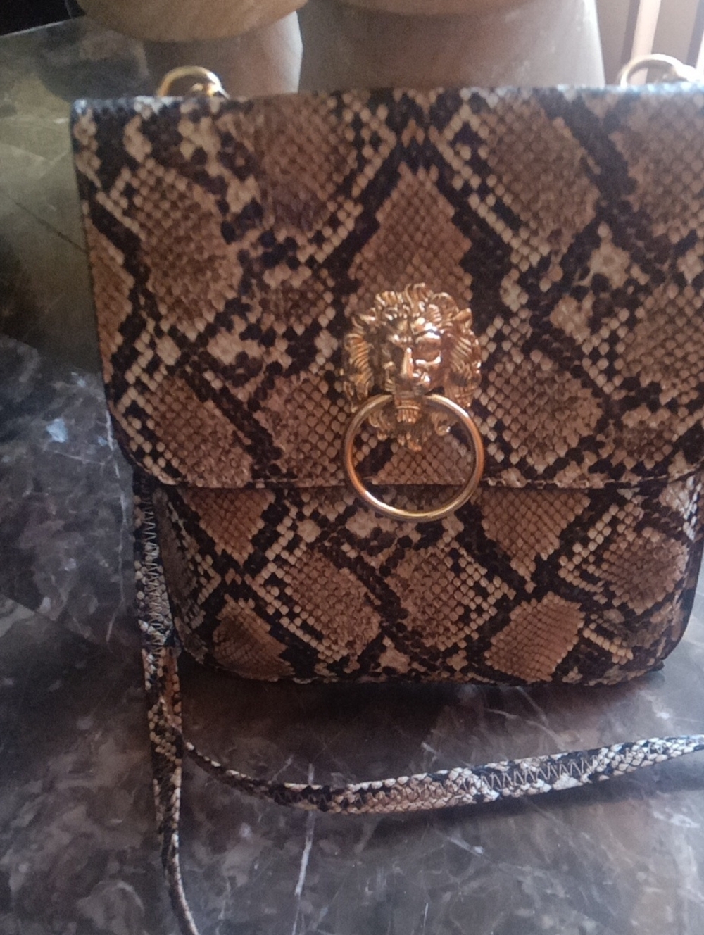 Carlos by Carlos Santana Brown Snake-Print Crossbody with Gold Lion Ring